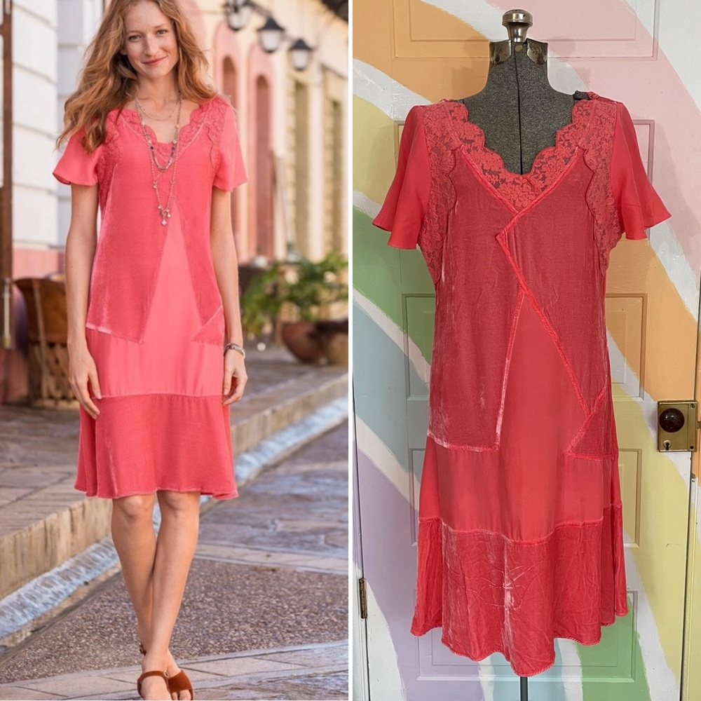 Sundance Rosalind Velvet Silk Lace Shift Dress Poppy Pink Patchwork Sz 12 🧡🎀